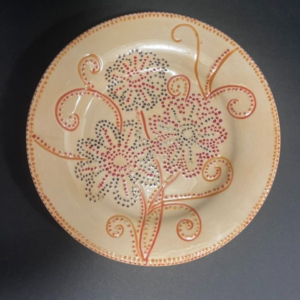 Pier 1 Hand-Painted Earthenware Floral Dot Salad Plates (4) Flowers Scrolls